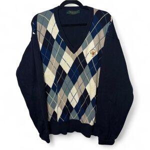 Vintage Greenwich USGA Argyle Golf Sweater Navy Blue Cotton V-Neck Large